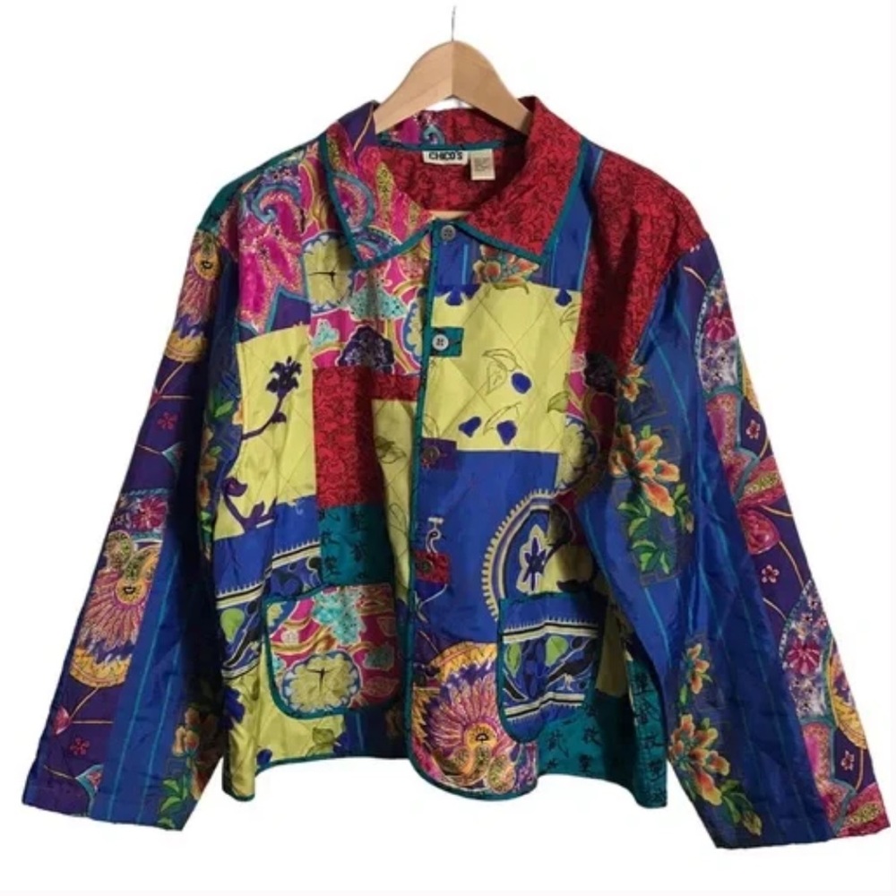 Chico’s 100% Silk Colorful Patchwork Stitch Detail| Size XL